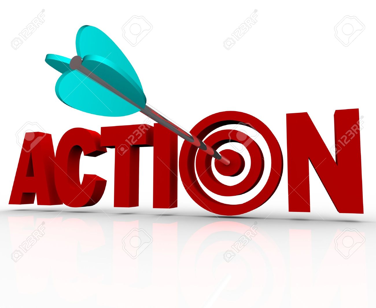 The Word Action As A 3D Illustration With An Arrow Hitting A