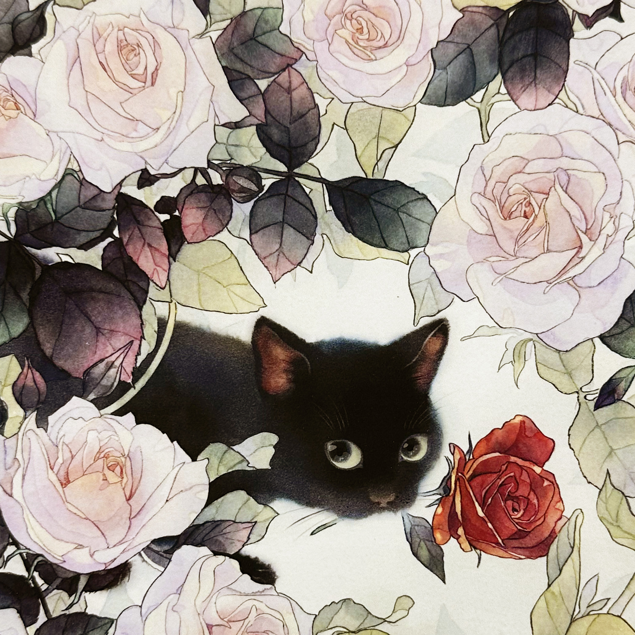 名司生（なつき）「バラとねこ」320×320mm｜油絵・写真・賞状など額縁