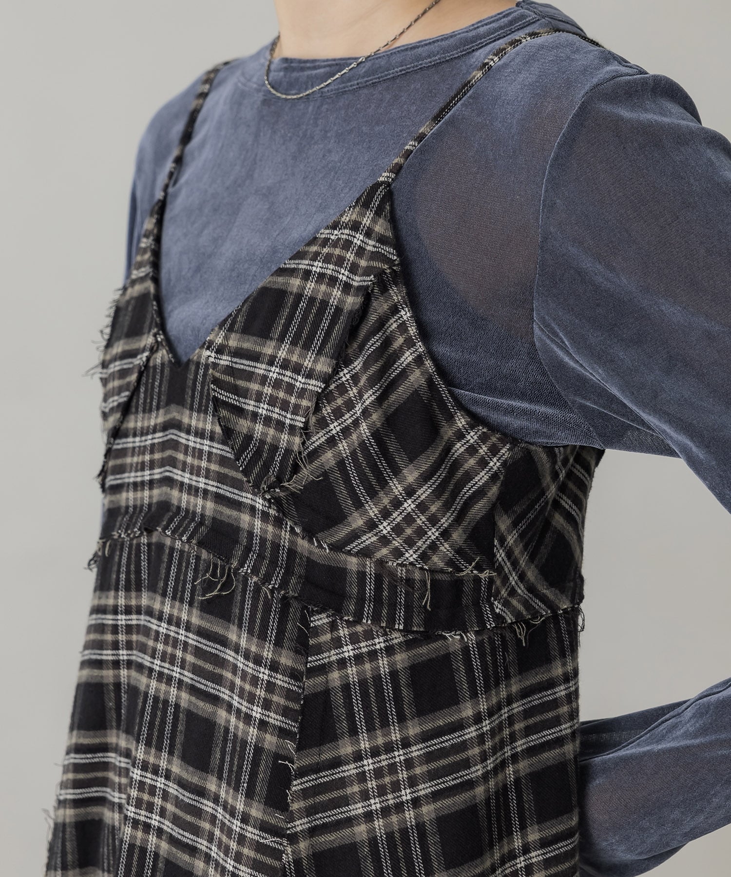 残りわずか〉ティアードチェックキャミワンピ(FREE BLACK