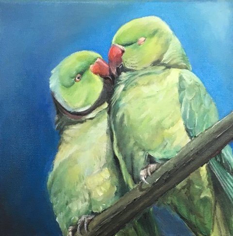 油絵 はち 小鳥さんのかくれんぼ その1 かくれる鳥 油絵 はち様専用