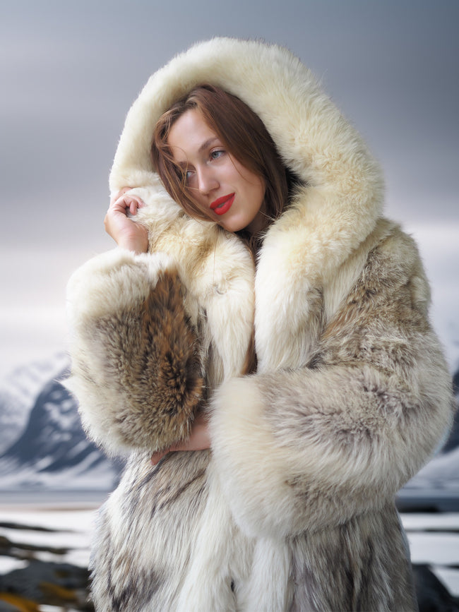 Coyote Fur Parka with Hood | Full-Length Women's Fur Coat with Fox