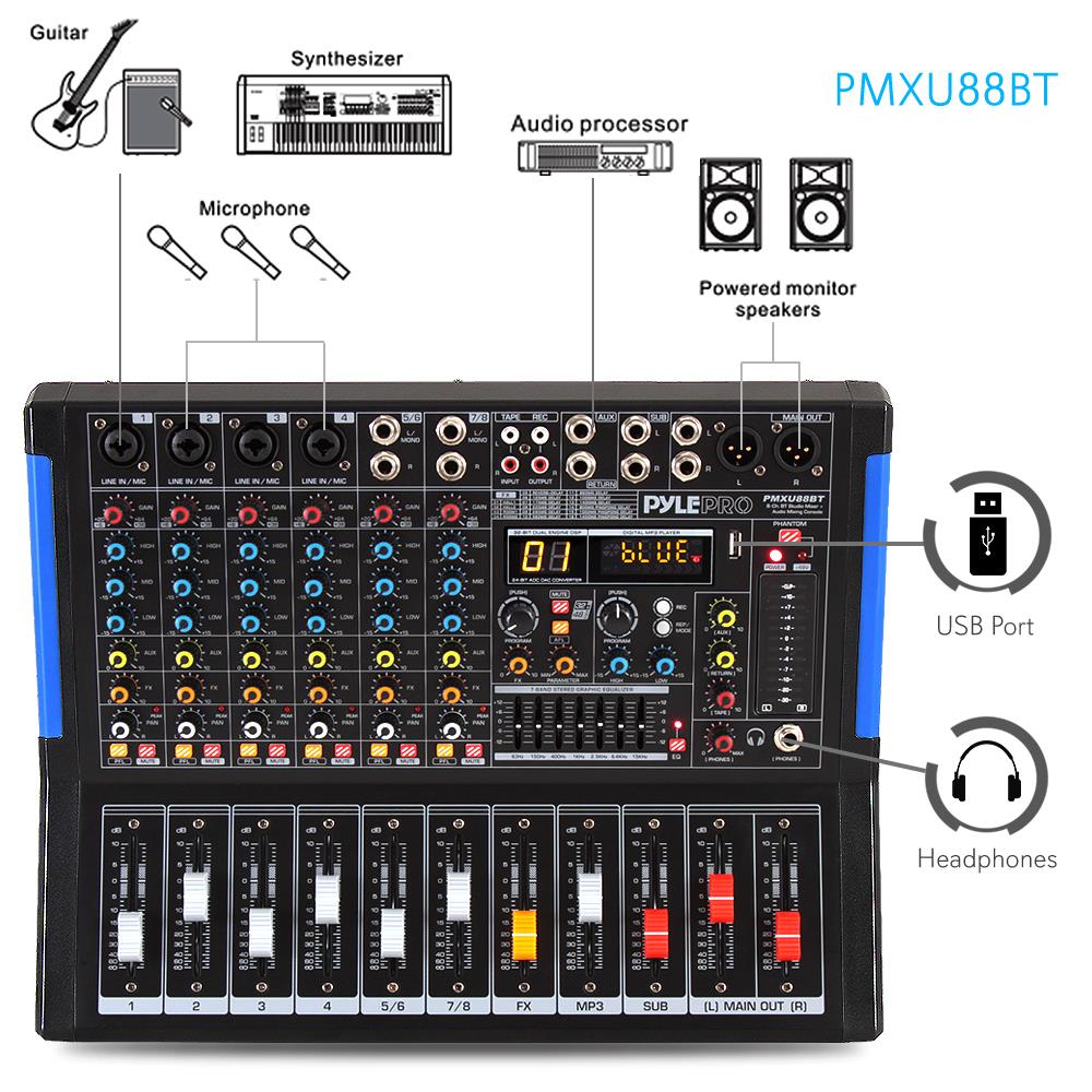 8-Channel Bluetooth DJ Mixer - Pro Sound, USB Recording, 7-Band EQ