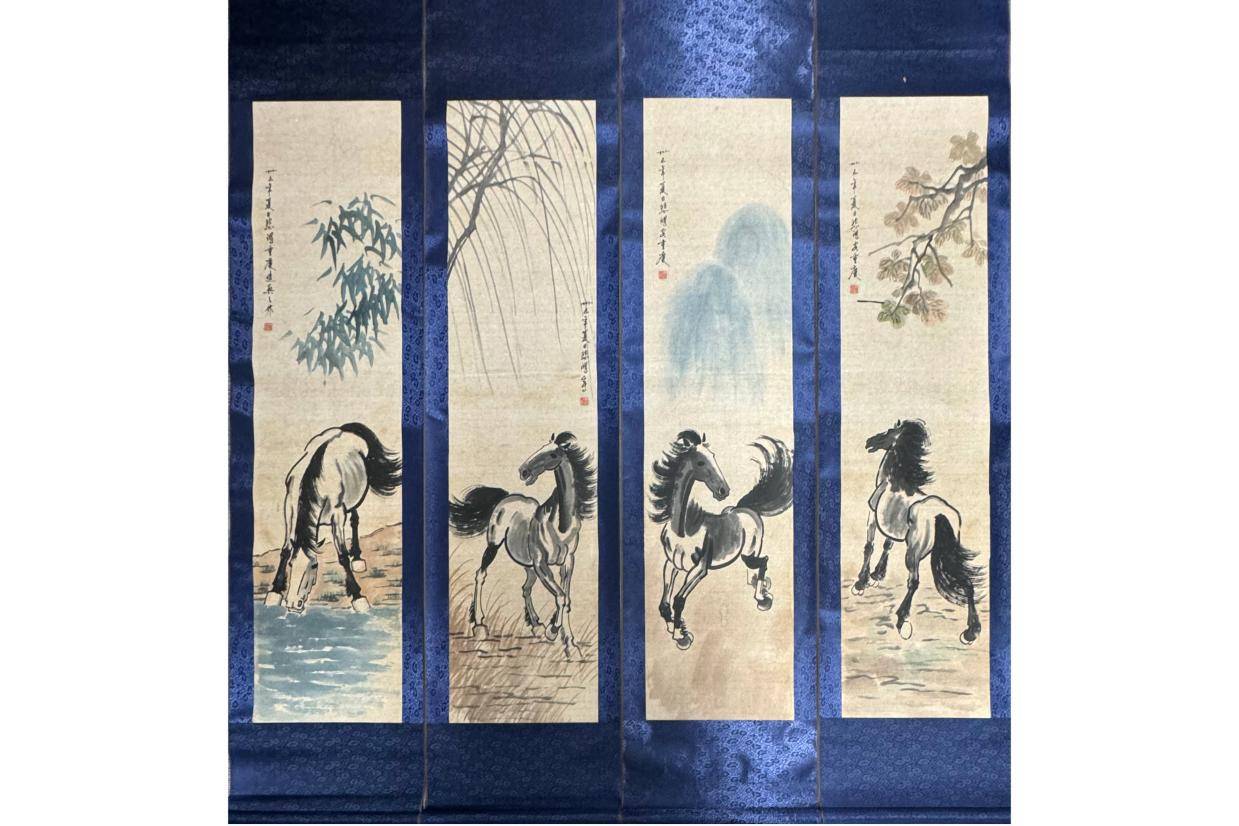 四条屏・名人字画 徐悲鴻「奔馬図」掛け軸 墨馬・装飾屏風 美術掛画