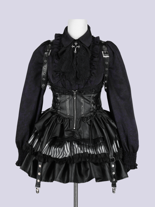 IMVAL / Lace Frill Leather Dress [STRIPE] - QOOZA