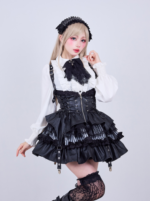 IMVAL / Lace Frill Leather Dress [STRIPE] - QOOZA