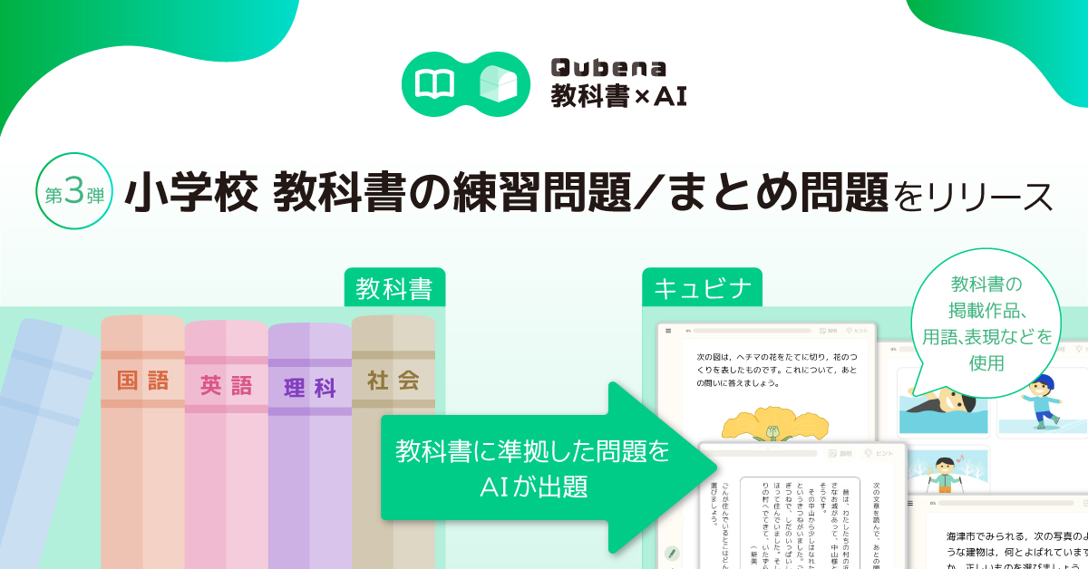 学習eポータル＋AI型教材「Qubena (キュビナ) 」、「Qubena 教科書×AI