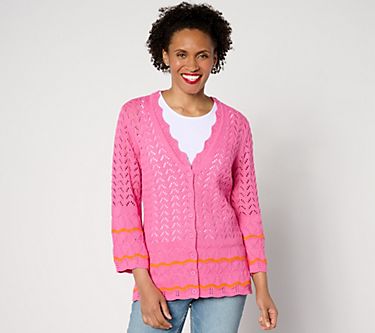 Isaac Mizrahi Live! Button Front Pointelle Cardigan with Wave