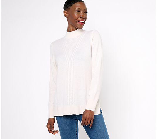 Isaac Mizrahi Live! Cashmere Mock Neck Sweater w/ Cable Detail