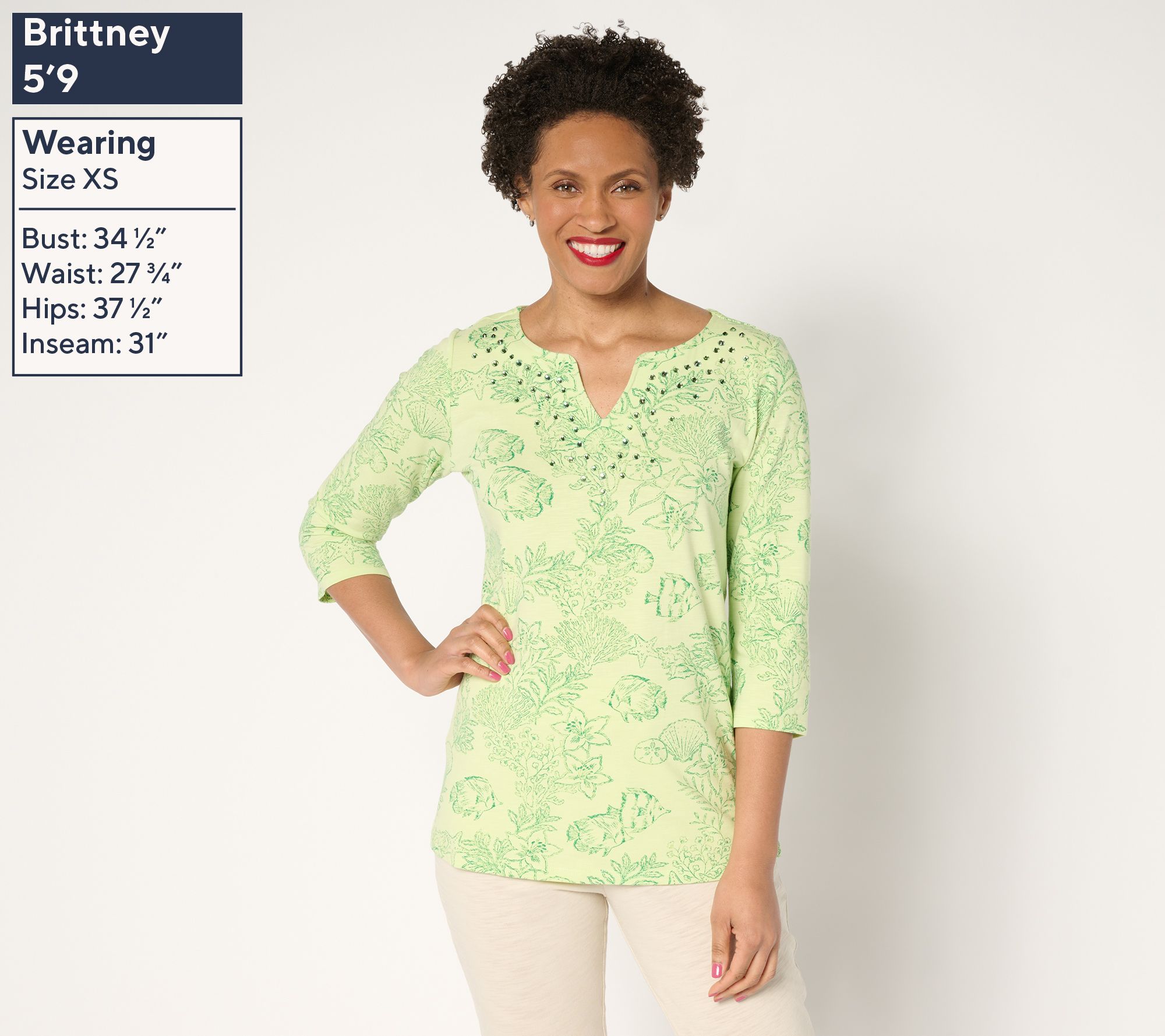 Quacker Factory Let's Get Tropical Embellished 3/4-Sleeve Top