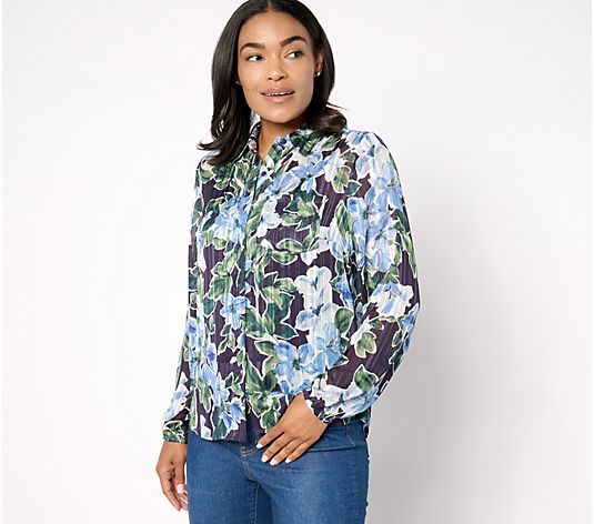 Denim & Co. Signature Sheer Floral Button Front Shirt - QVC.com
