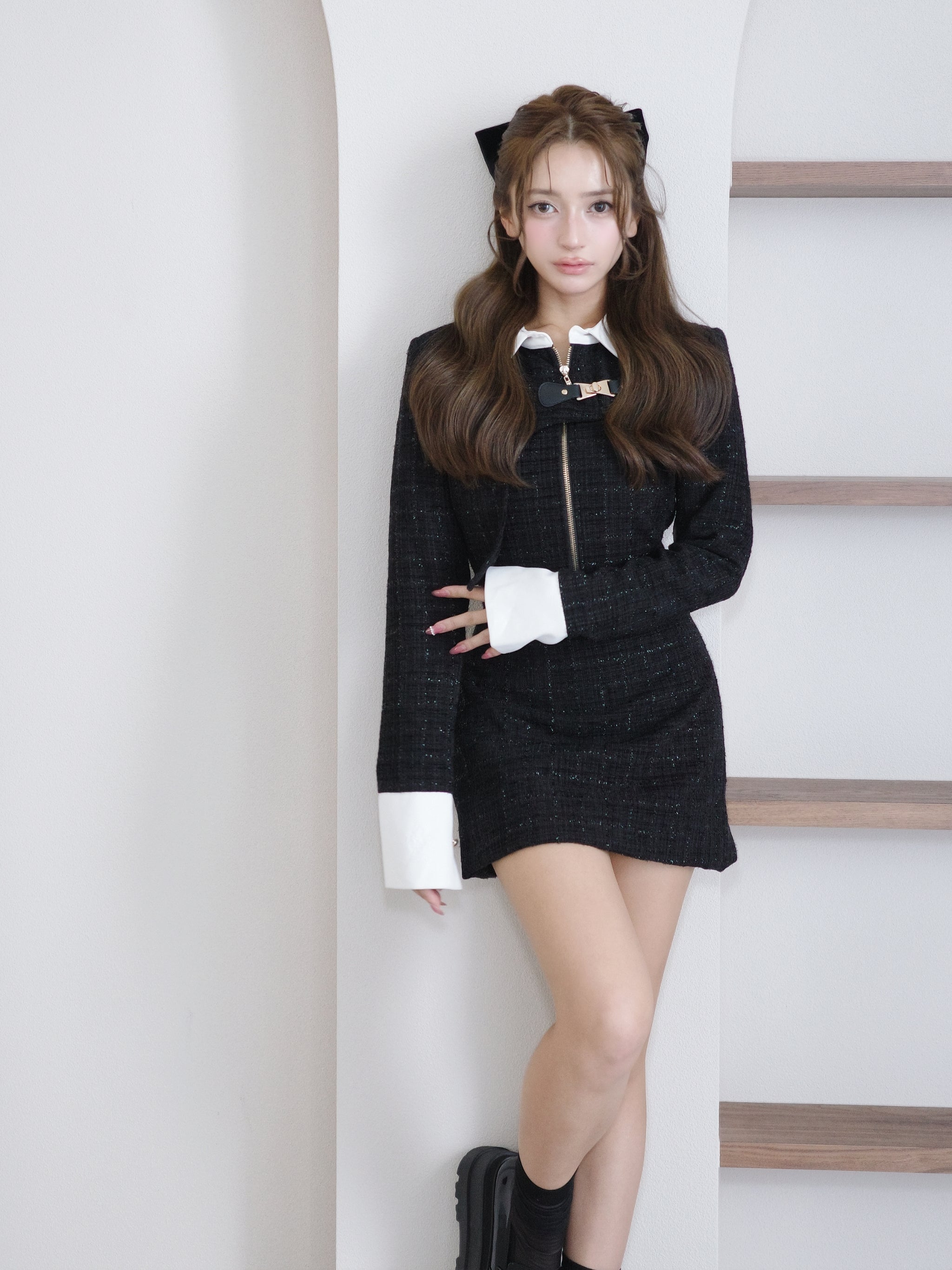 Randy ビジュープレッピーカットショルダーワンピース/ブラック