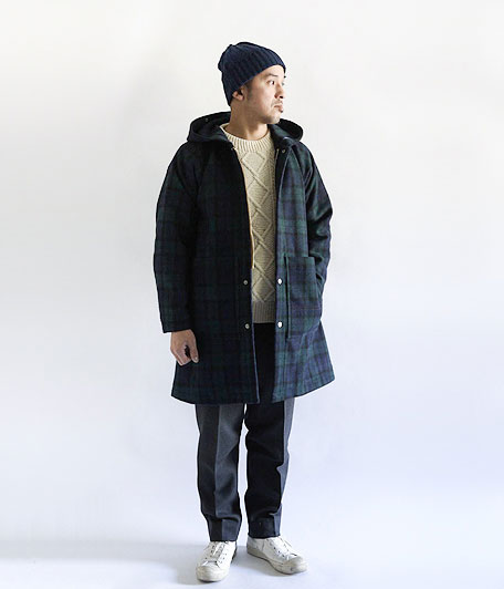 ANACHRONORM Clothing Check Melton Hooded Bench Coat [NAVY] - Fresh