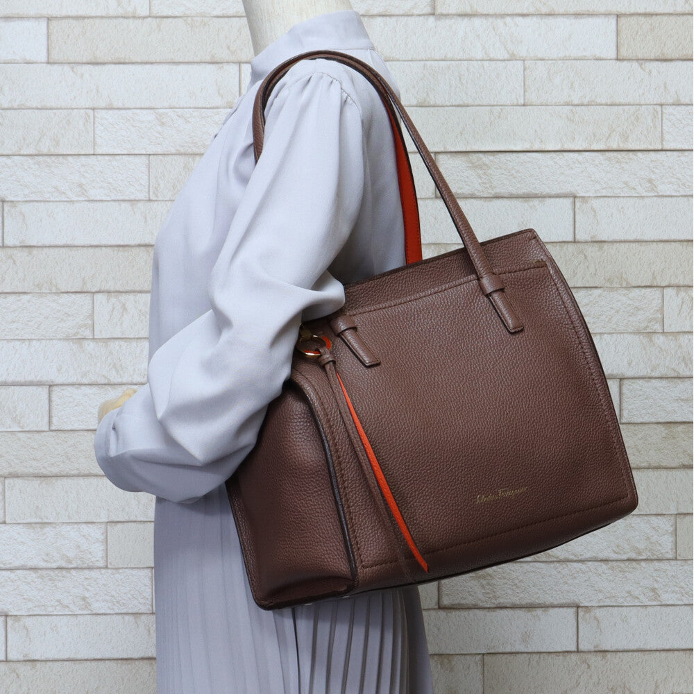 Salvatore Ferragamo Amy Gancini Tote Bag Calf Brown Women's Used