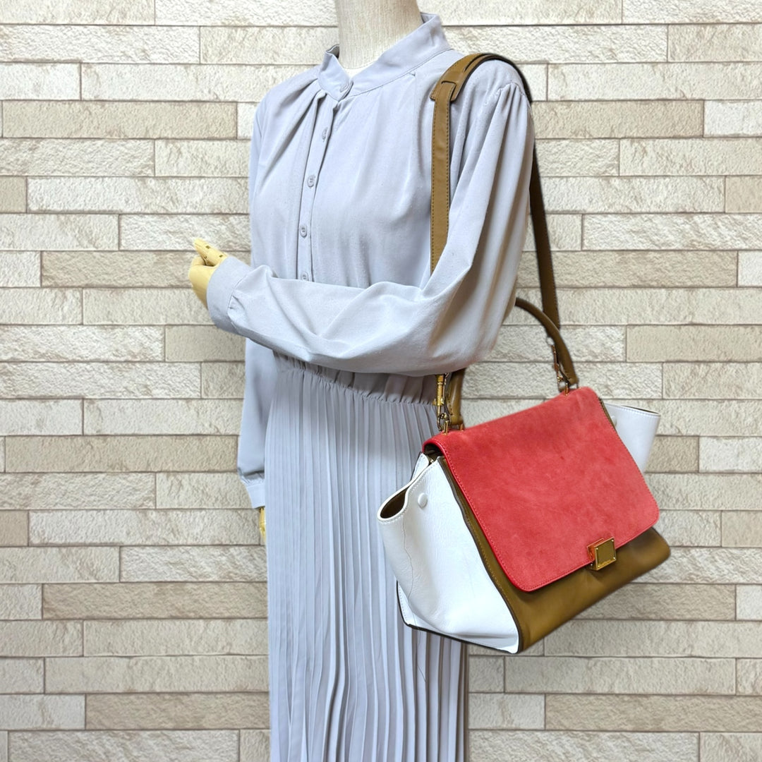 CELINE セリーヌ トラペーズ ショルダーバッグ スウェード レッド