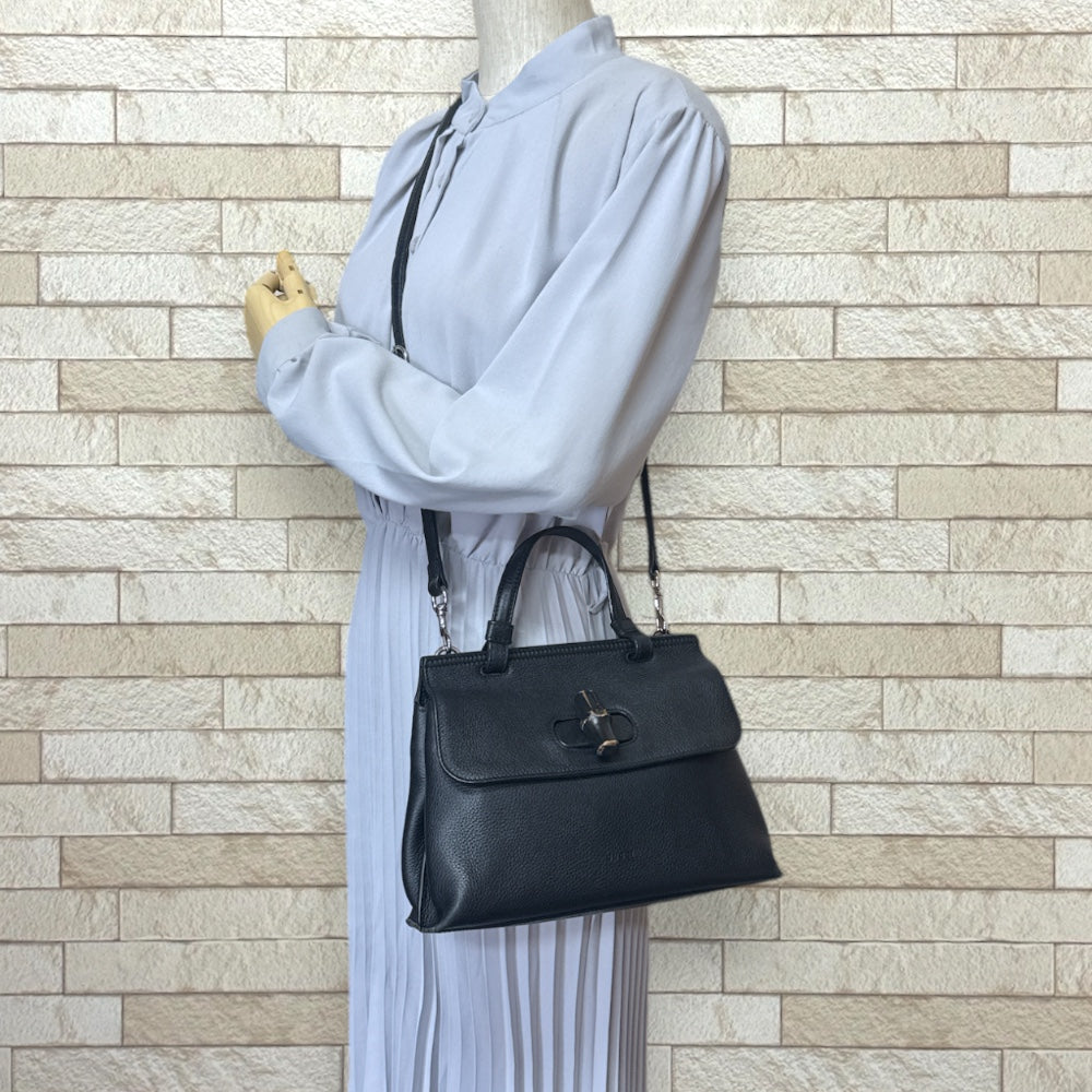 GUCCI グッチ デイリー バンブー ショルダーバッグ レザー ブラック