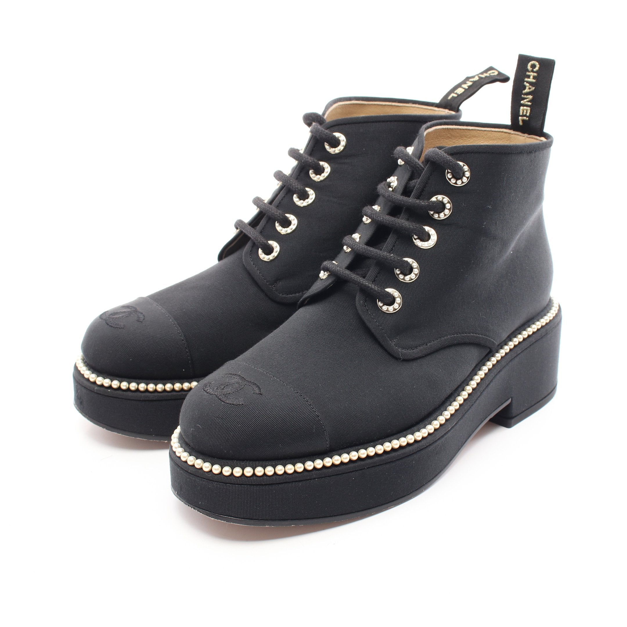 ココマーク レースアップ ショート ブーツ ファブリック ブラック