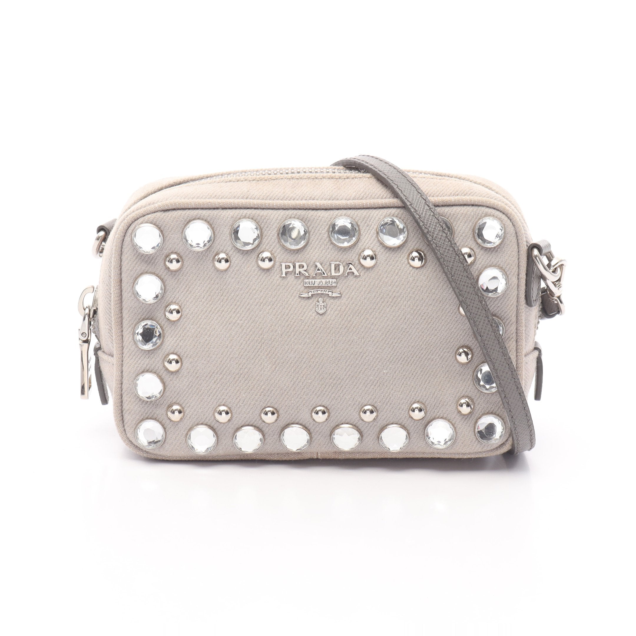 ショルダーバッグ キャンバス サフィアーノレザー グレー ビジュー