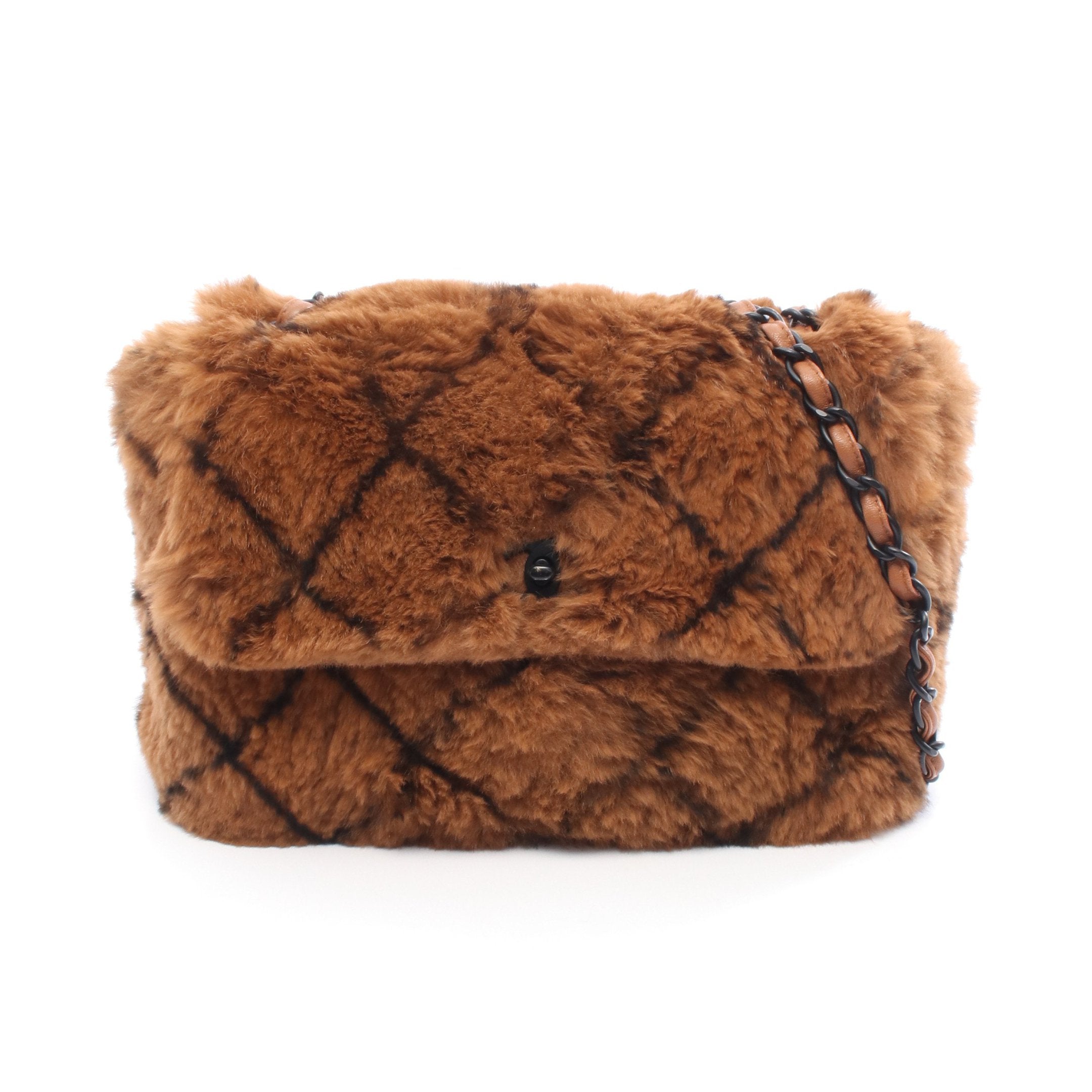 チェーンショルダーバッグ ファー レザー ブラウン ブラック ブラック