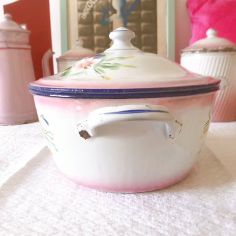 フランスJAPYジャピー社 アンティークホーロー両手鍋 ピンクローズ