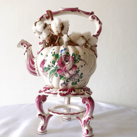 アンティークポット、 陶器鉢 プランター 台付き 手描きフラワーブーケ