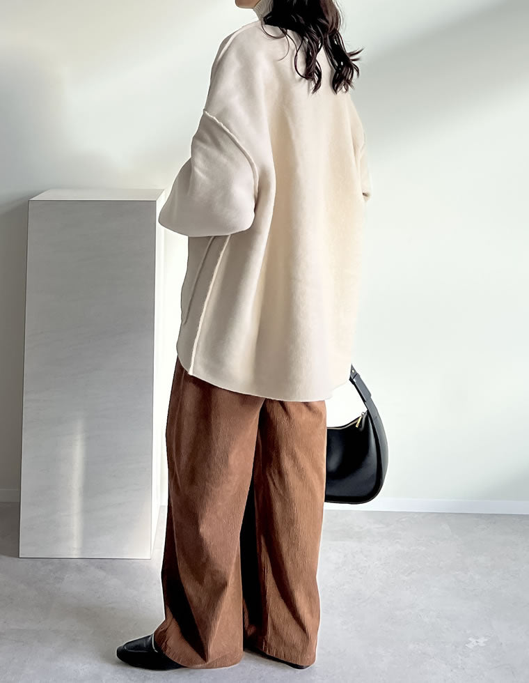 マーレンダム ハーフリバーコート ノーカラー ウール ボアポケット 黒