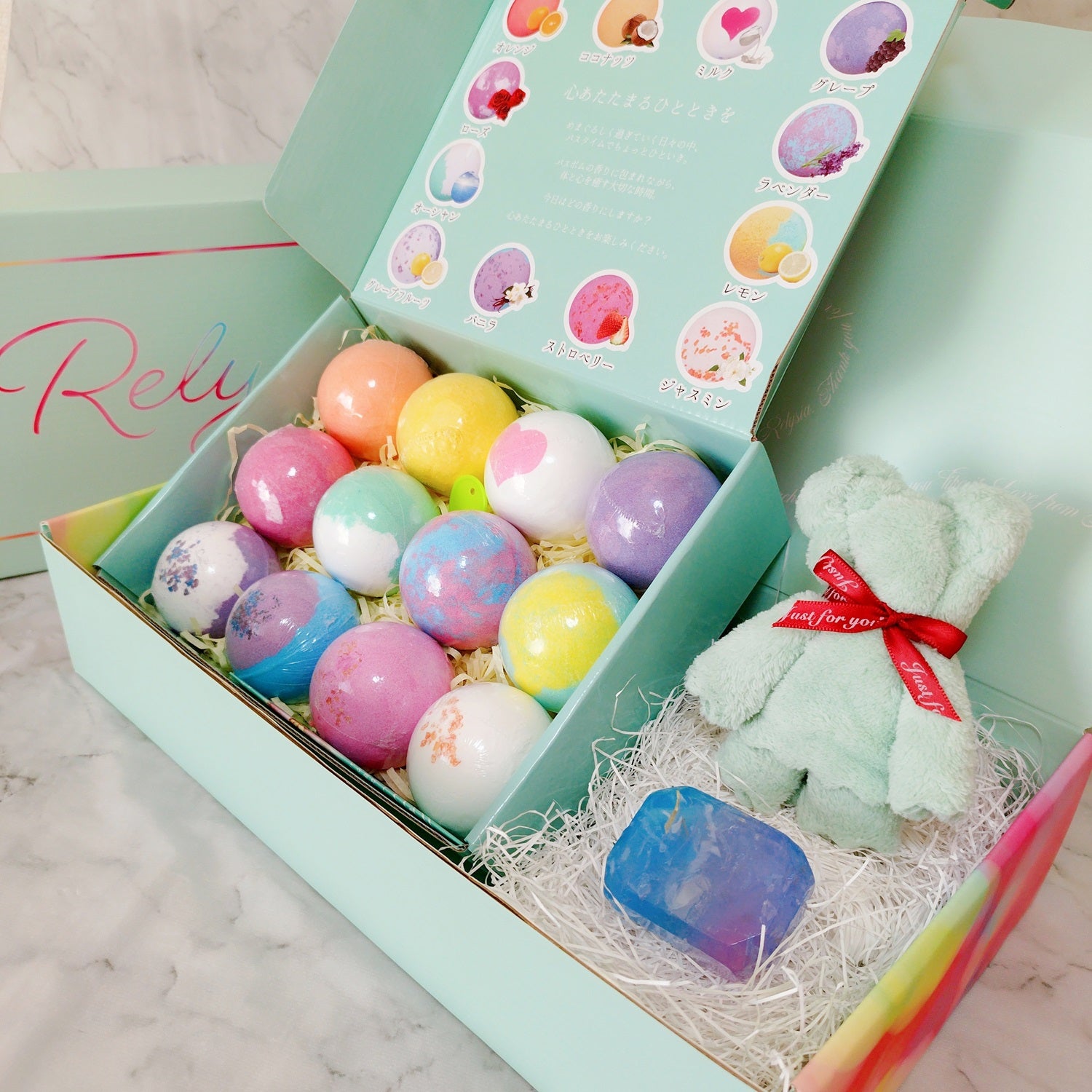 Relysia®バスボム 宝石石鹸 ベアタオルセット ギフトBOX3点セット