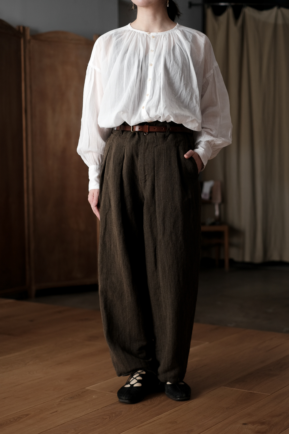 Phoenix pants ( Wool linen herringbone) col.Brown herringbone | Re;li