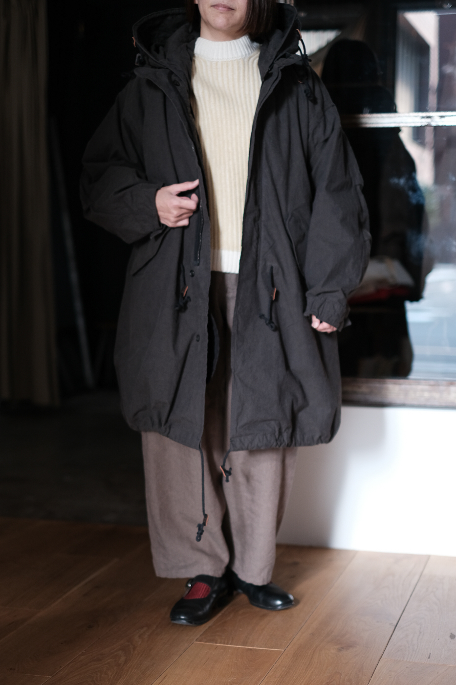 Fish tail long coat with liner (Buff cloth cotton) col.dark green