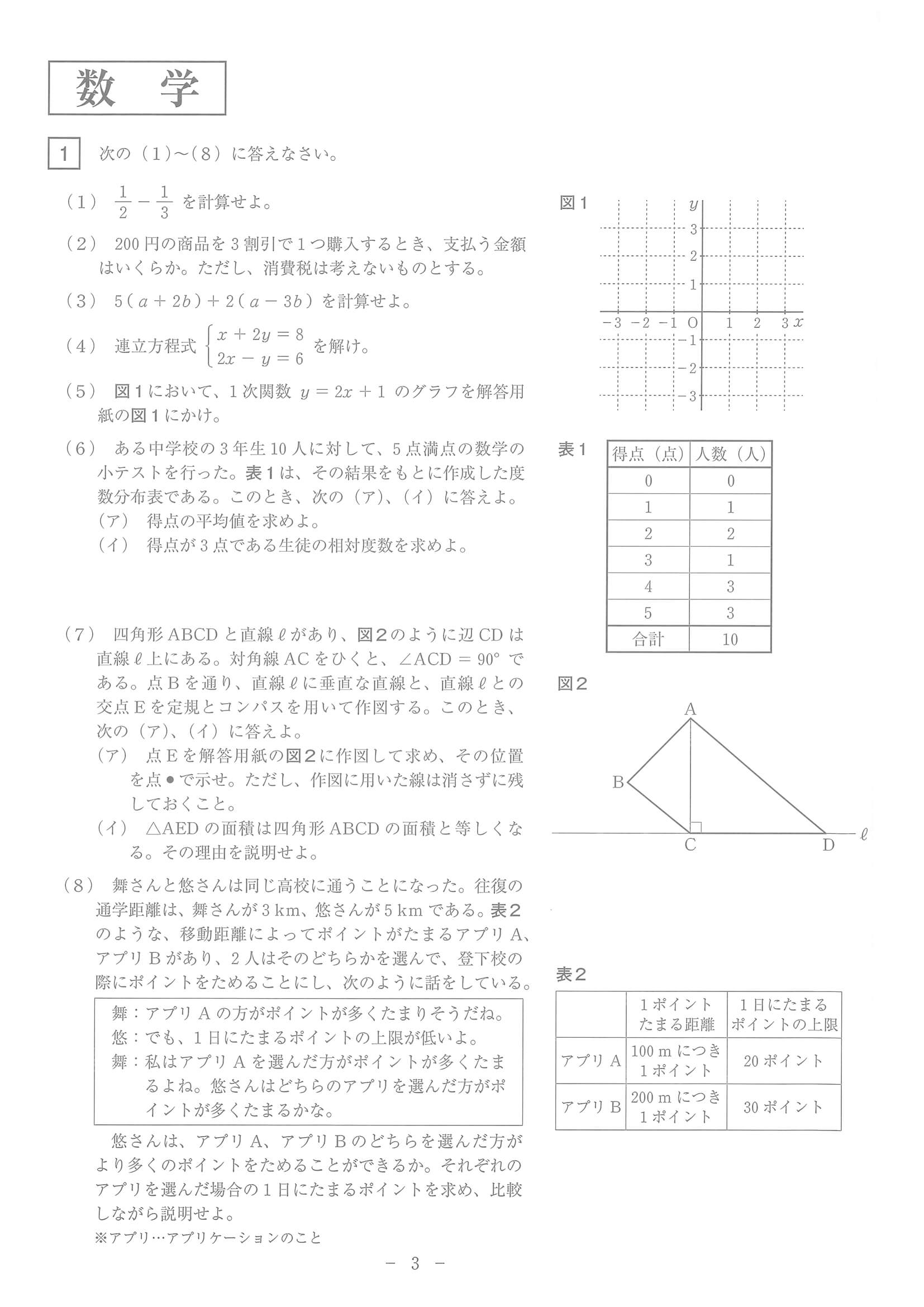 過去問】2023年度 長崎県公立高校入試［基礎問題 数学・問題］1/2