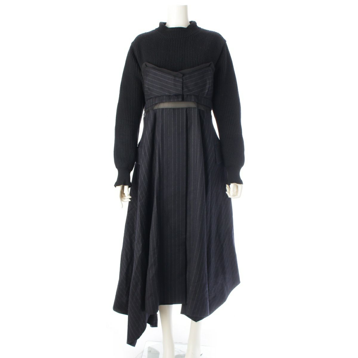 サカイ Wool Knit × Chalk Stripe 切替 ワンピース ドレス 22-06327