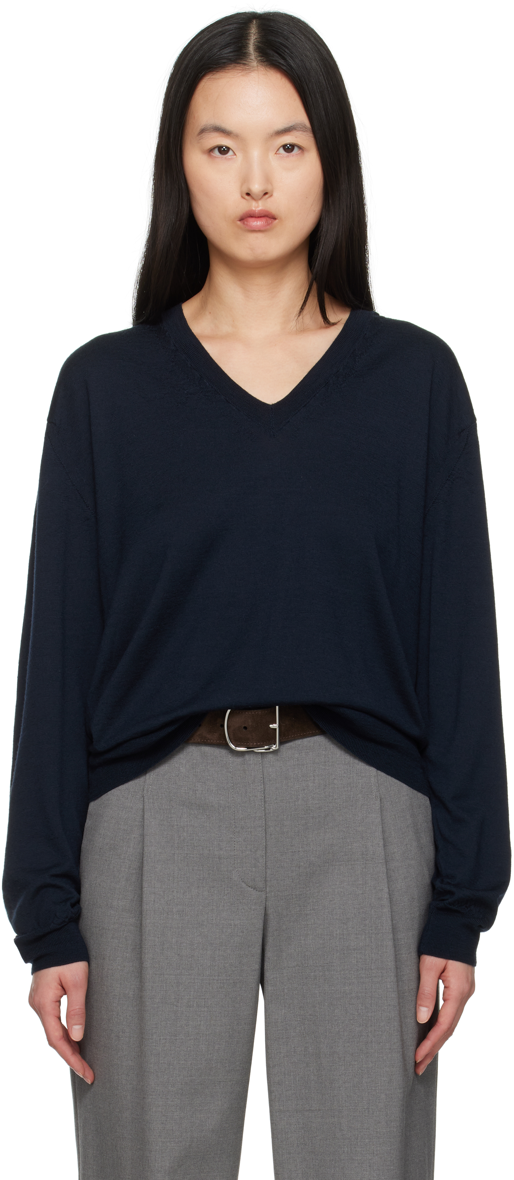 Navy Product Dyed Wool Knit V-Neck Sweater – On Sale Now with Up