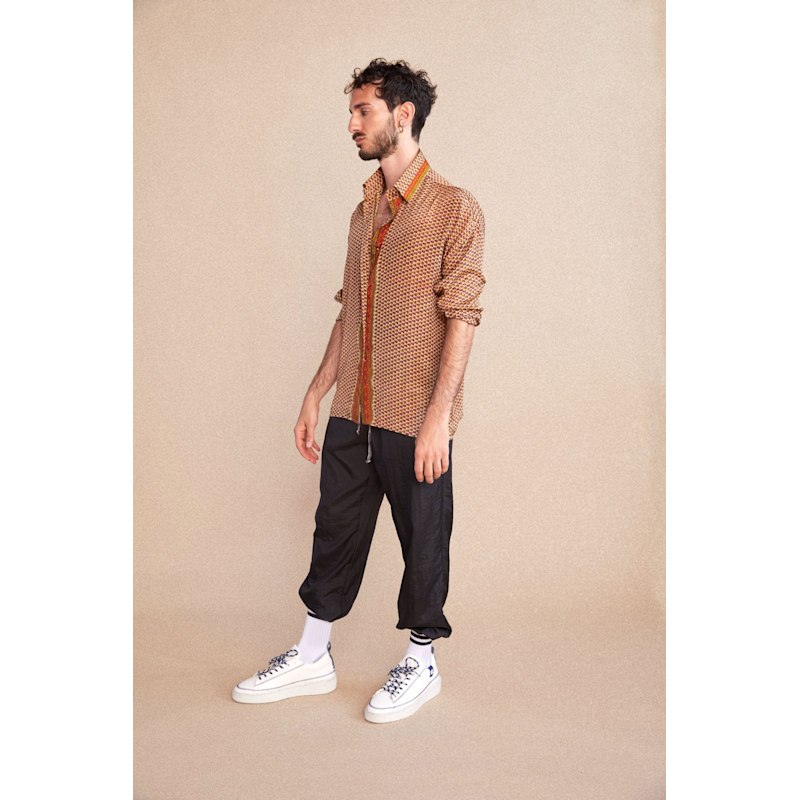 Embossed Oriental Motif Long Sleeve Shirt - Burnt Sienna