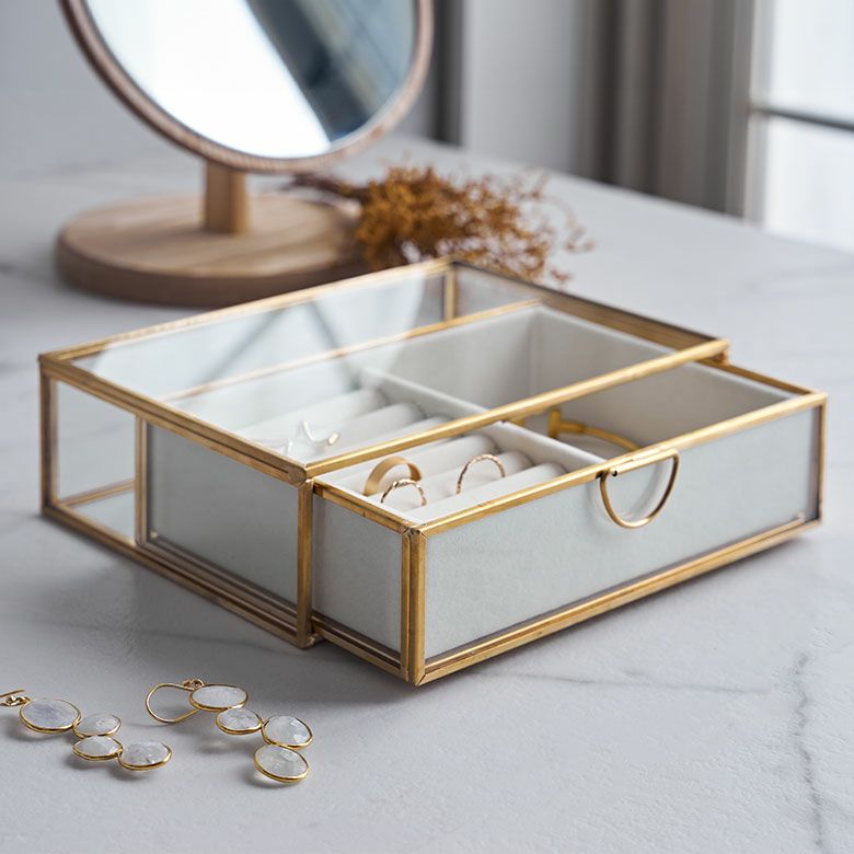 ガラスと真鍮で出来た引き出し型ジュエリーボックス（リングピロー付き