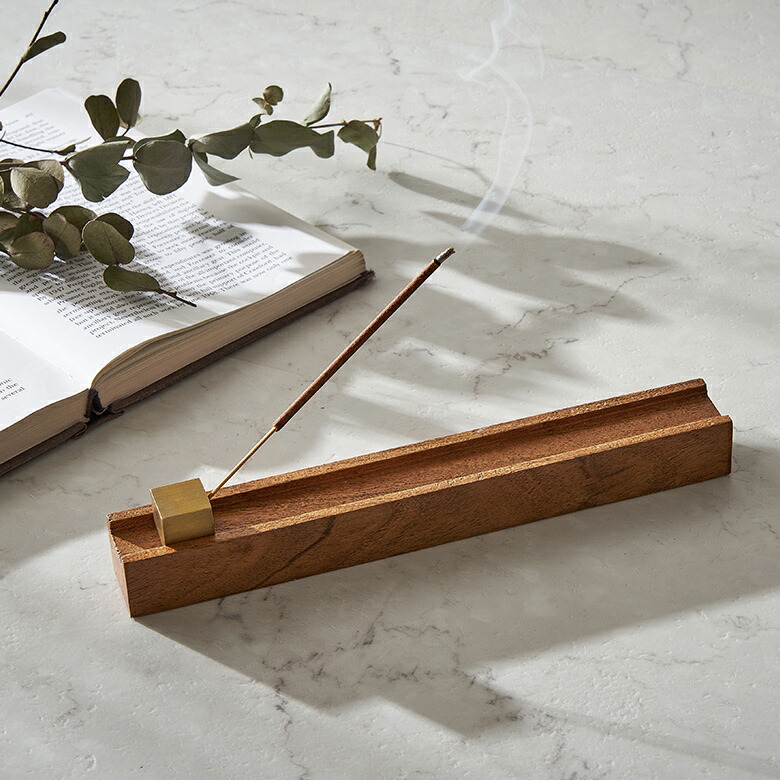 お香立て お香皿 アカシアウッド 木製 真鍮 横置 インド 製 約 W 24.5