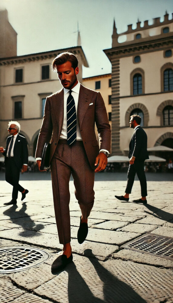 ブラウンスーツにネイビー×ホワイトのストライプタイでモダンに