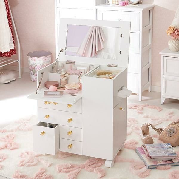 直送】たっぷり収納コスメワゴン/リボン＆クリスタル取っ手｜かわいい