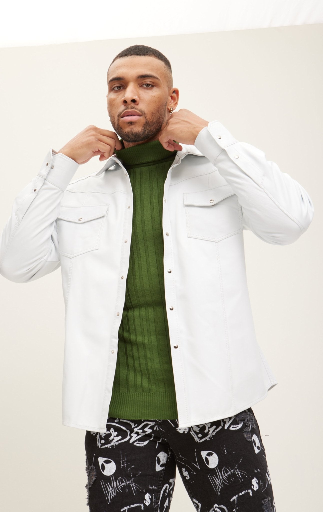 Genuine Lambskin Leather Shirt - White - Ron Tomson