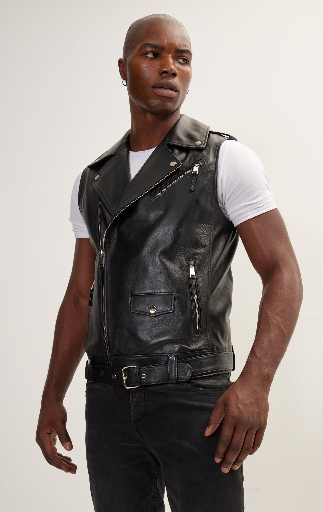 The Asymmetric Zipper Closure Leather Vest - Black - Ron Tomson