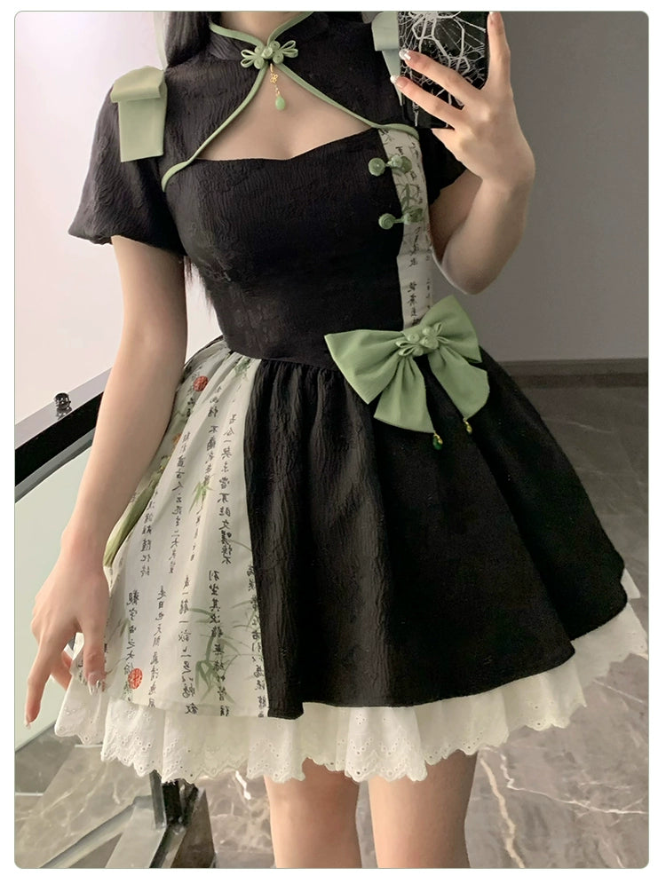 白緑 竹模様のマオカラーミニワンピース – ロリータファッション通販RonRon