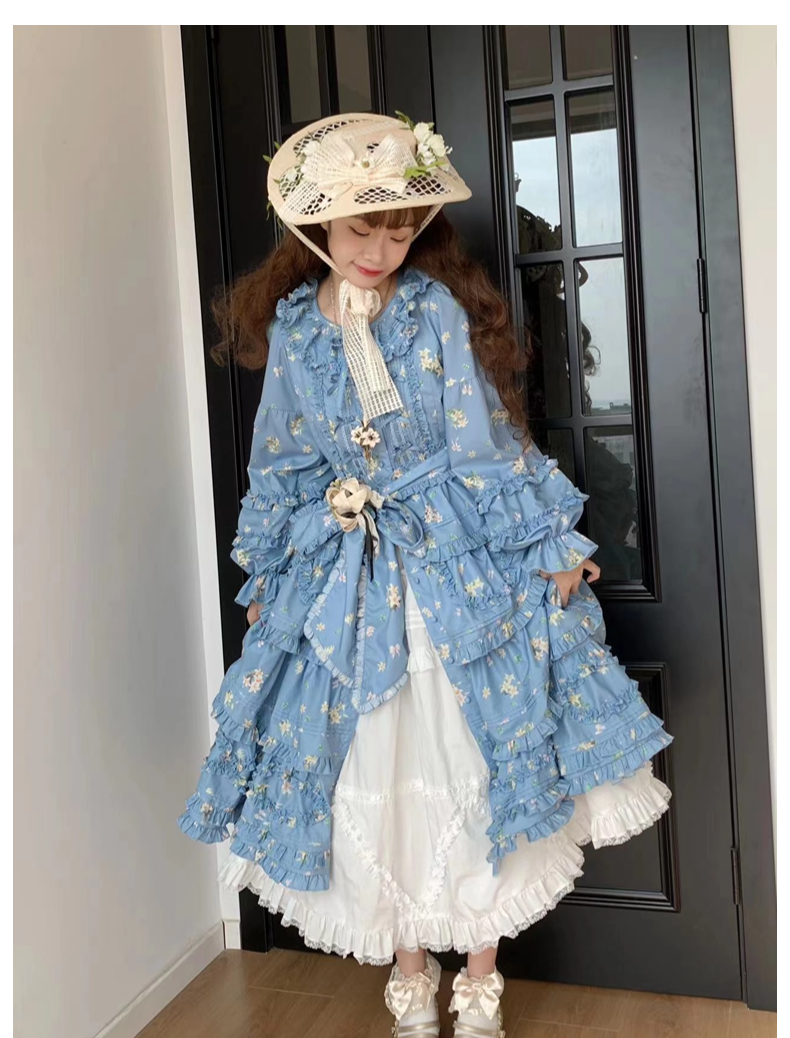 Fragments of Flowers 長袖ティアードワンピース・サックス – ロリータ