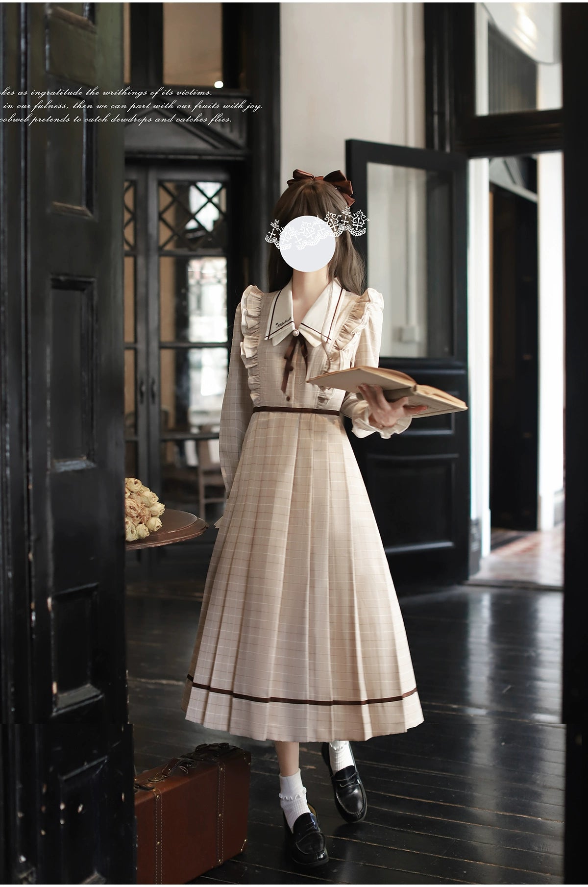 予約販売】Betty フレンチレトロベージュチェック長袖ワンピース