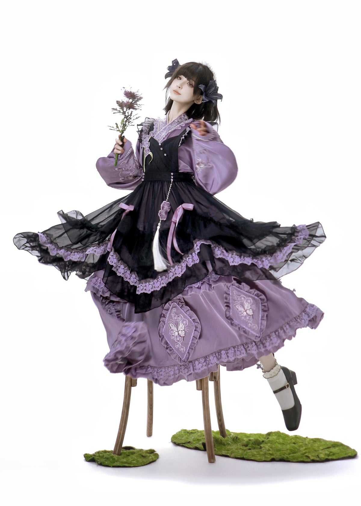 蝶と蘭のエプロン付華ロリワンピース – ロリータファッション通販RonRon