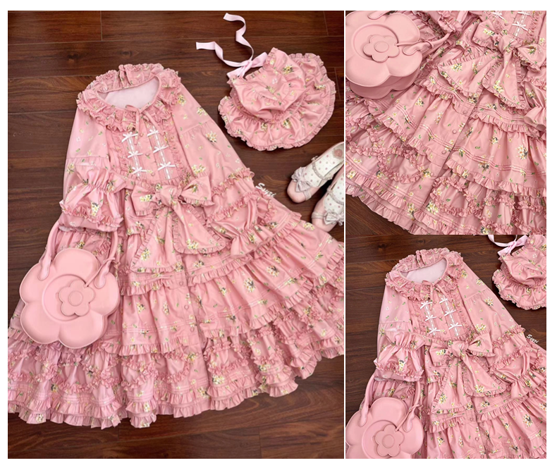 Fragments of Flowers 長袖ティアードワンピース・ピンク – ロリータ