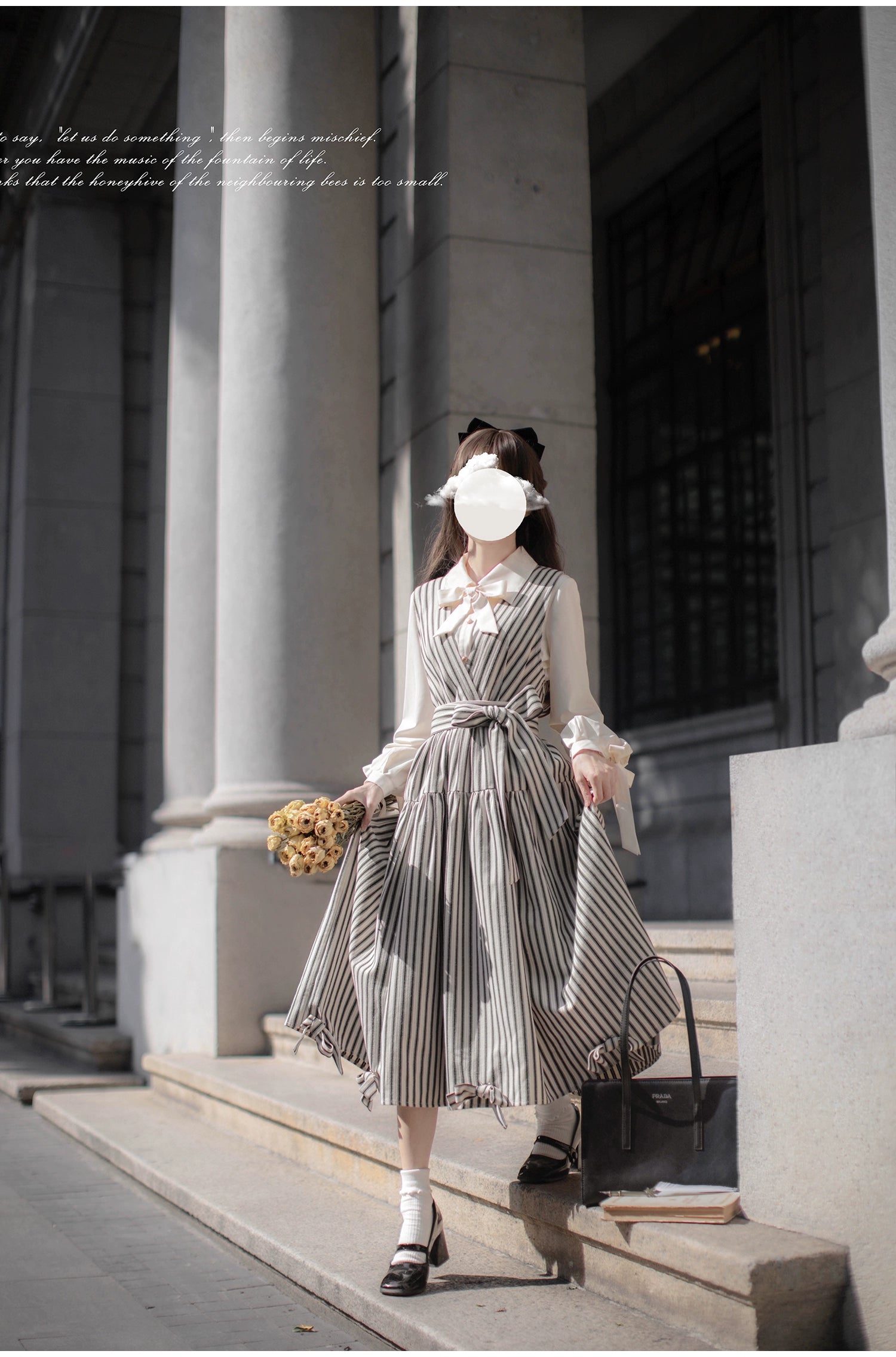 ストライプとリボンのフレンチガーリージャンパースカート – ロリータ