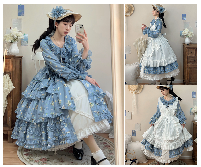 Fragments of Flowers 長袖ティアードワンピース・サックス – ロリータ