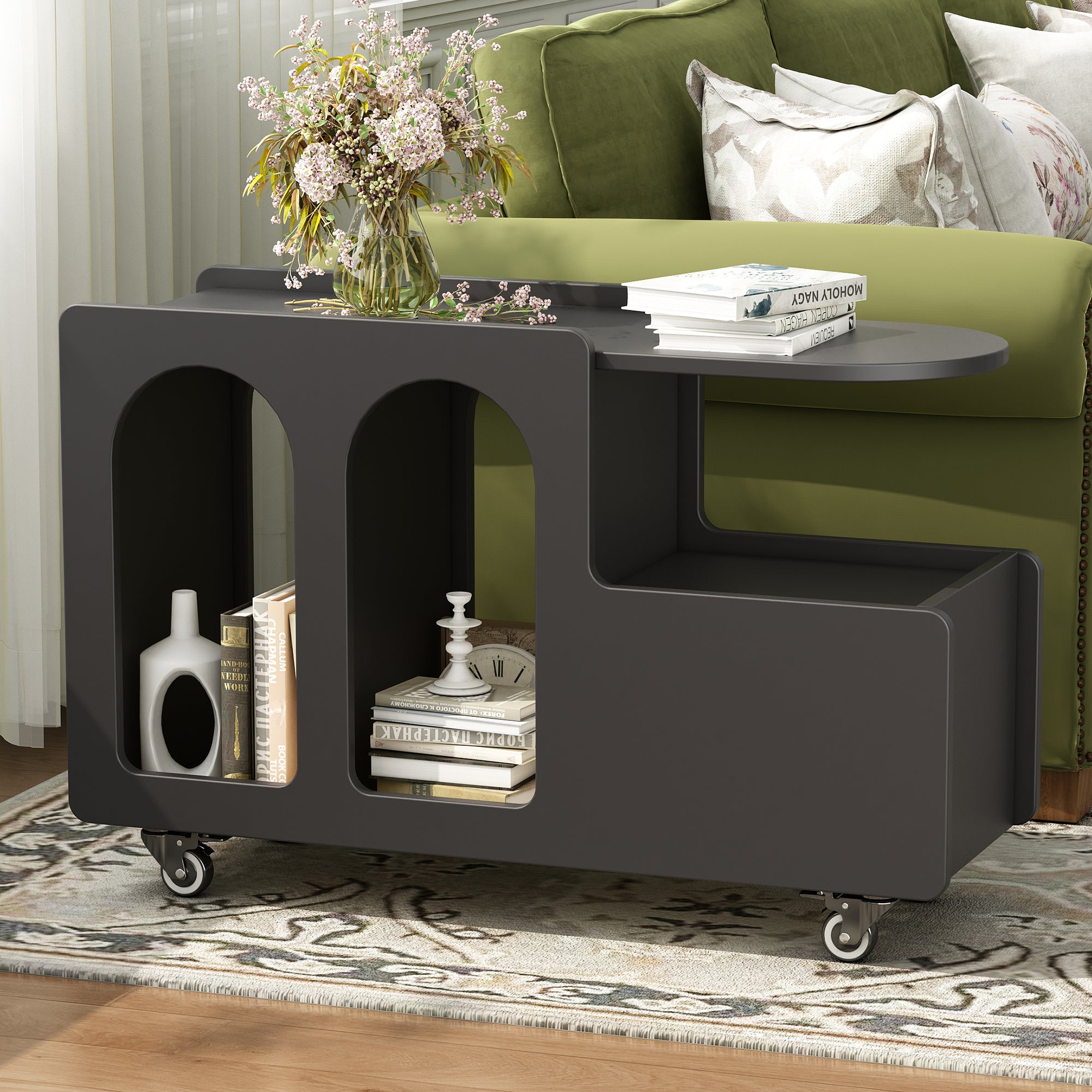 Mobile End Table With Lockable Wheels, Cream Style Side Table With Sto