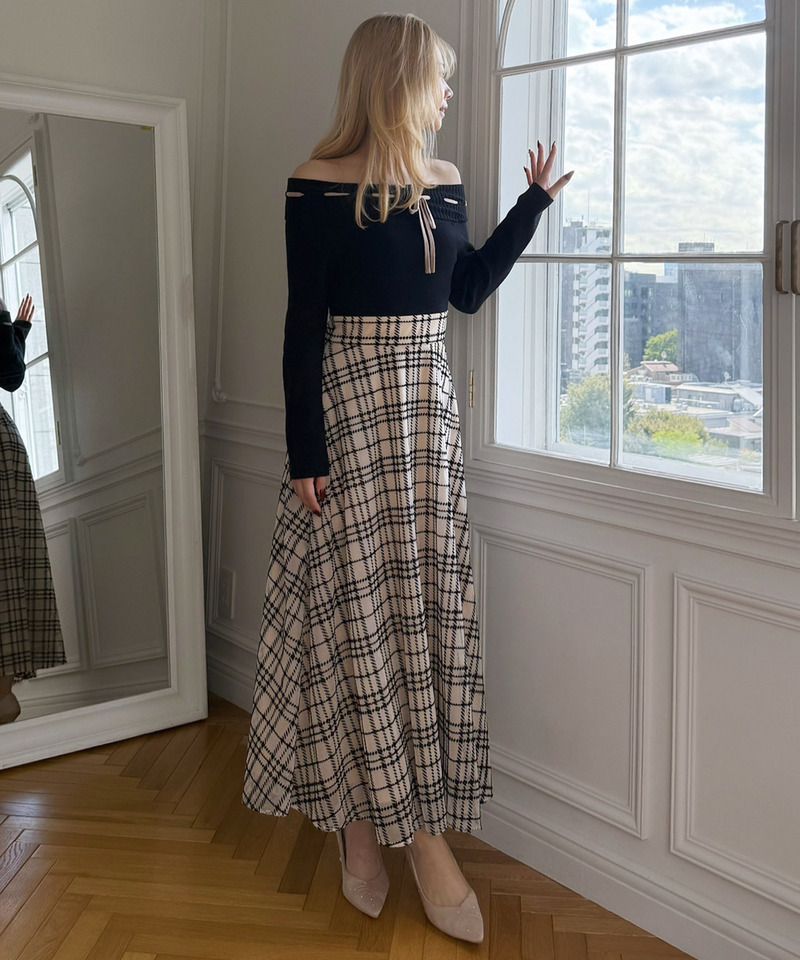 配色リボンフロッキーチェックドッキングワンピース｜ROYAL PARTY