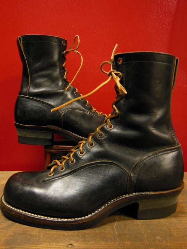 BLOG更新、1960'S CHIPPEWA LACE TO TOE LOGGER BOOTS 黒金刺繍タグ