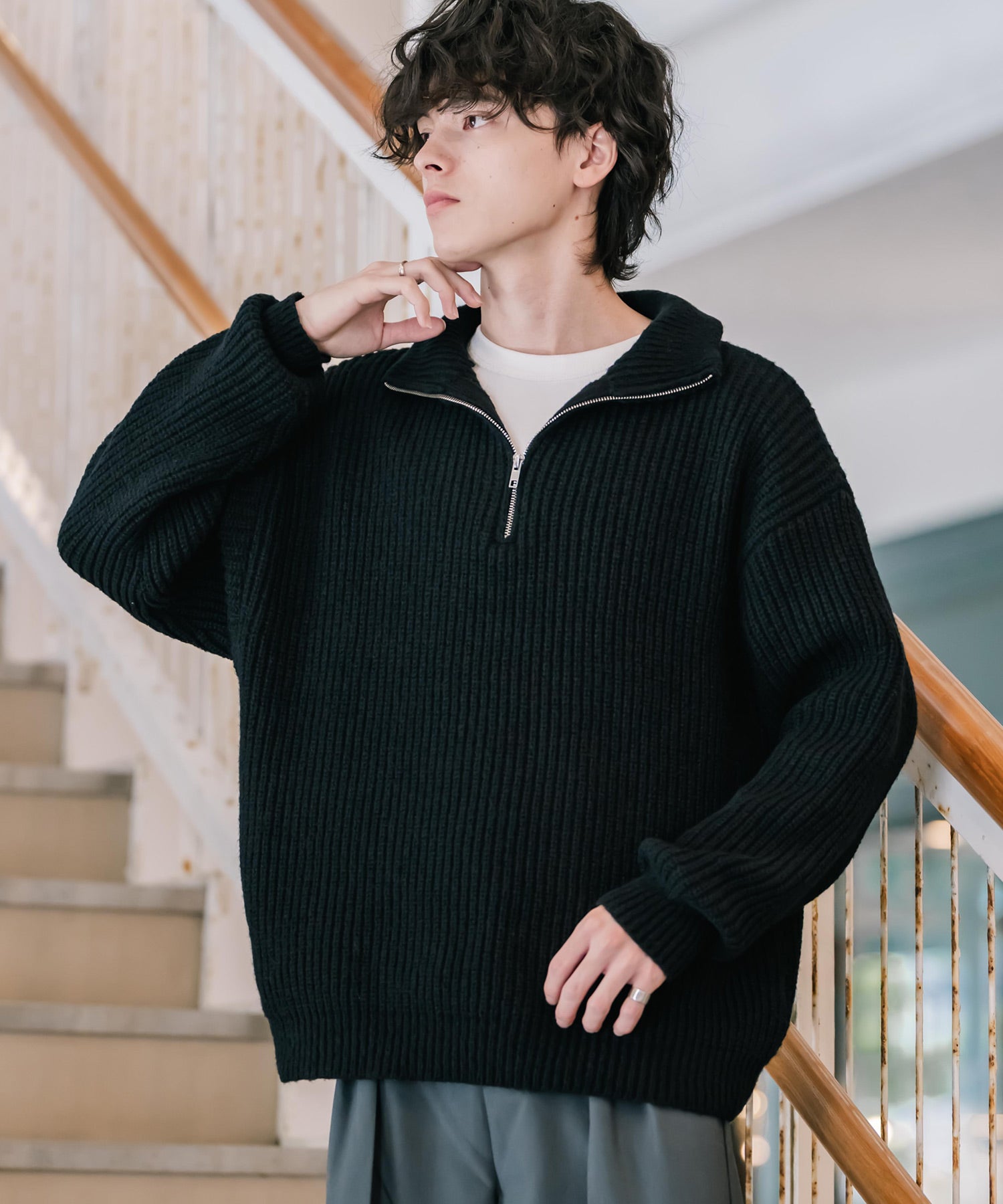 新色追加 オーバーサイズ畦編みハーフジップニットセーター 14553