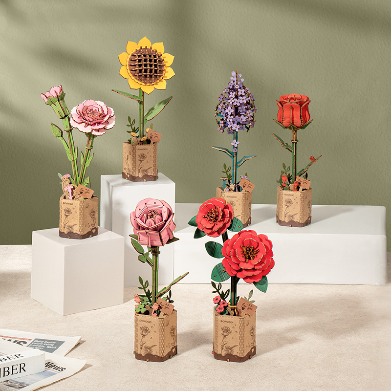 Rowood DIY 3D Wooden Flower Puzzle TW051 Pink Carnation Model